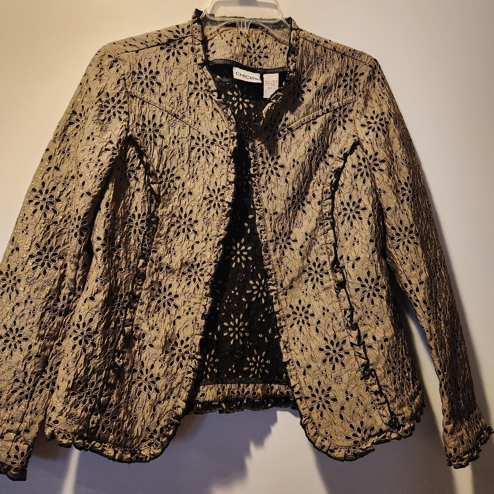 Light weight Chico's Eyelet jacket. Tan & Black.  Size 1